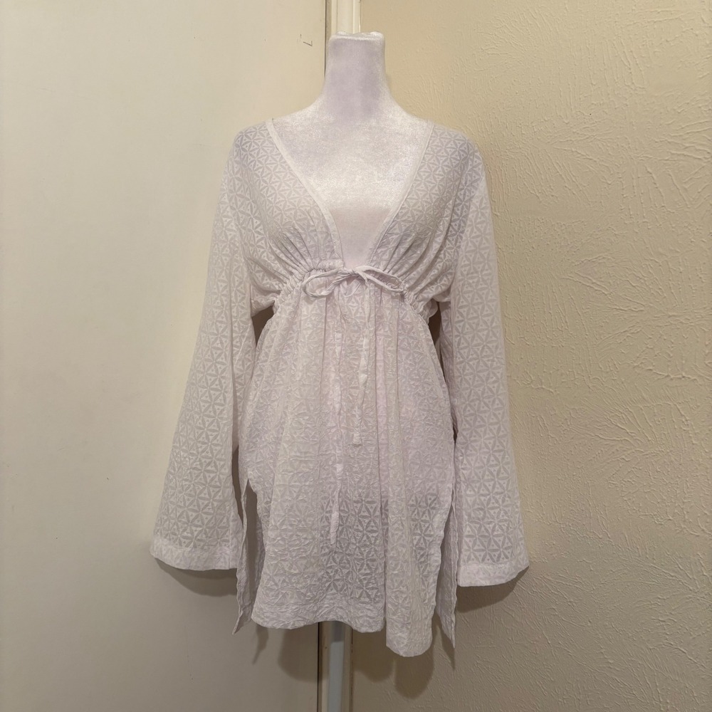Sheer White Geometric V Neck Empire Waist Babydoll Adjustable Tie Coverup Top L